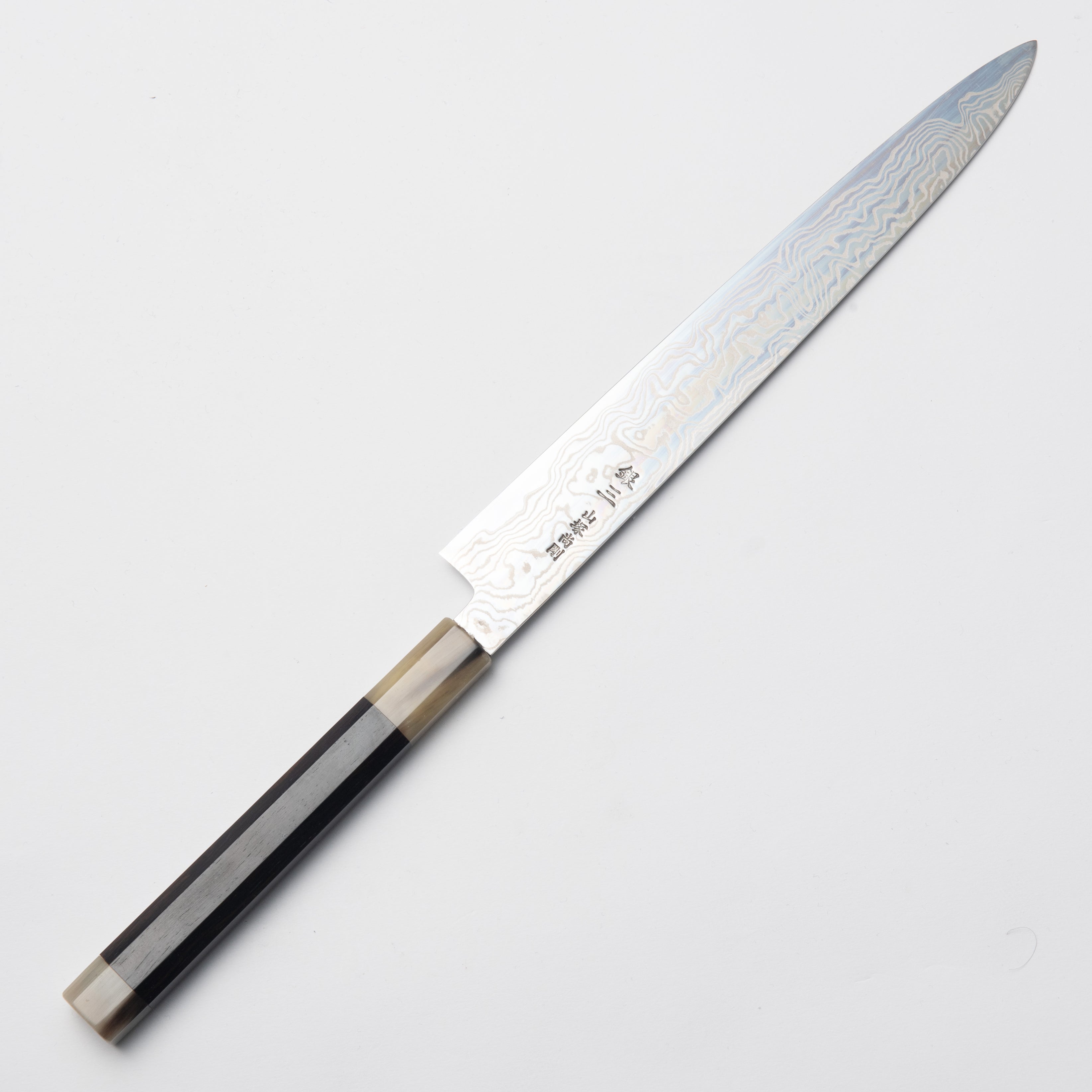 Ginsan steel nickel Damascus petty knife 240mm with ebony and white buffalo horn handle