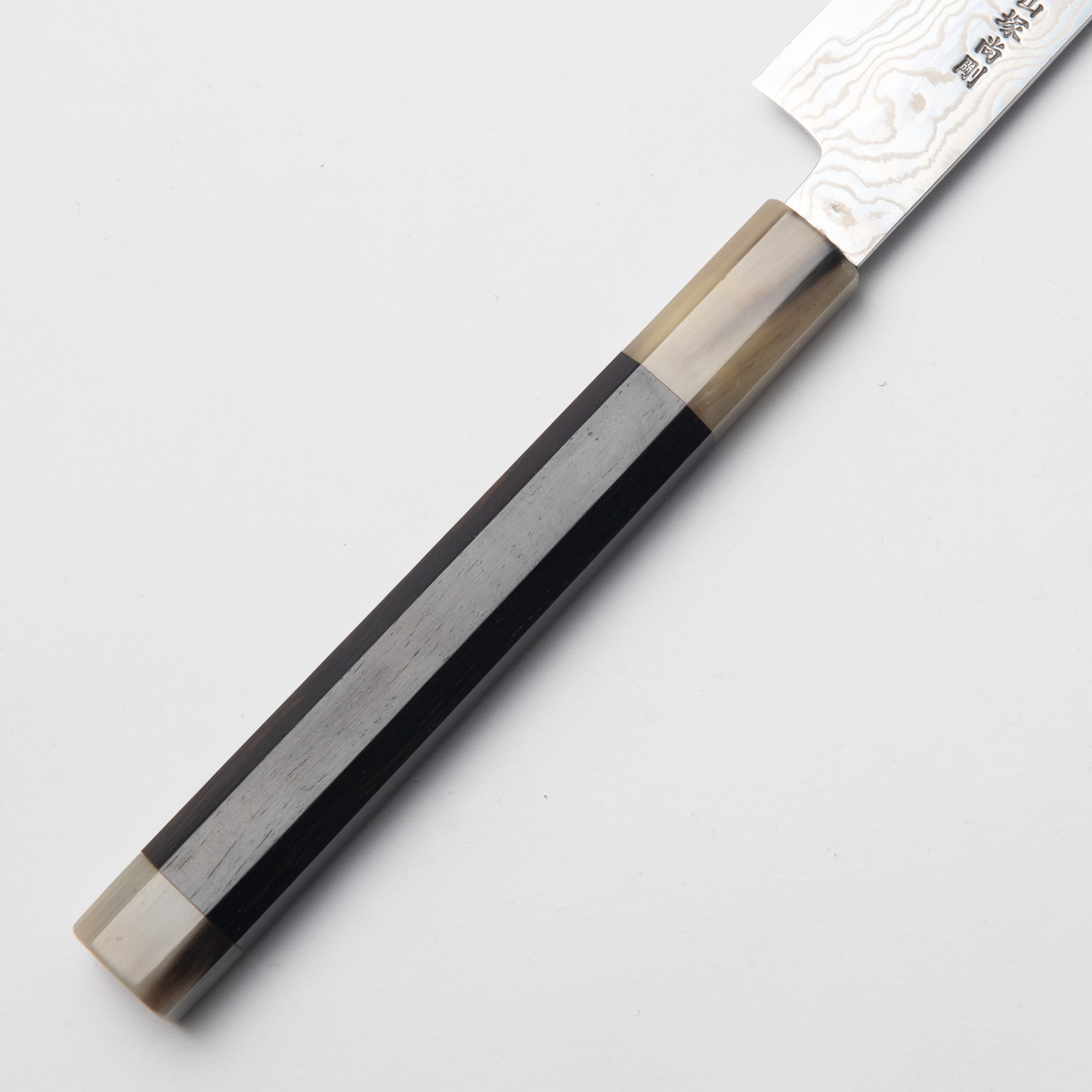 Ginsan steel nickel Damascus petty knife 240mm with ebony and white buffalo horn handle