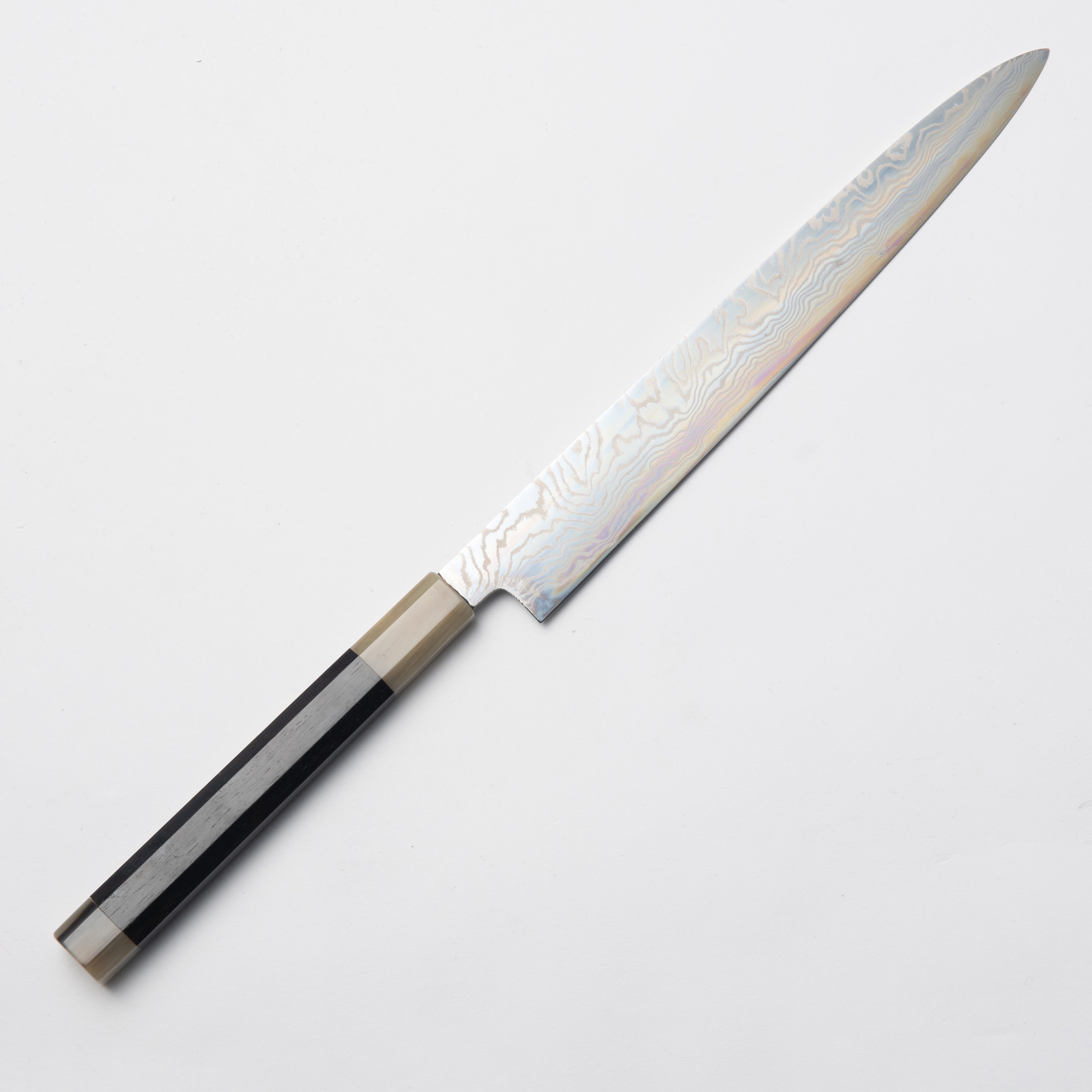 Ginsan steel nickel Damascus petty knife 240mm with ebony and white buffalo horn handle